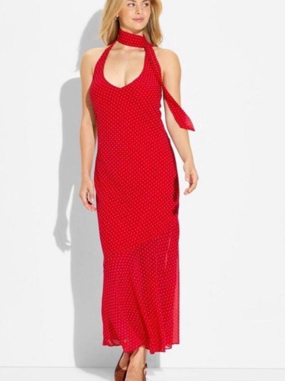Red Polka Dot Halter Maxi Dress with Scarf Tie